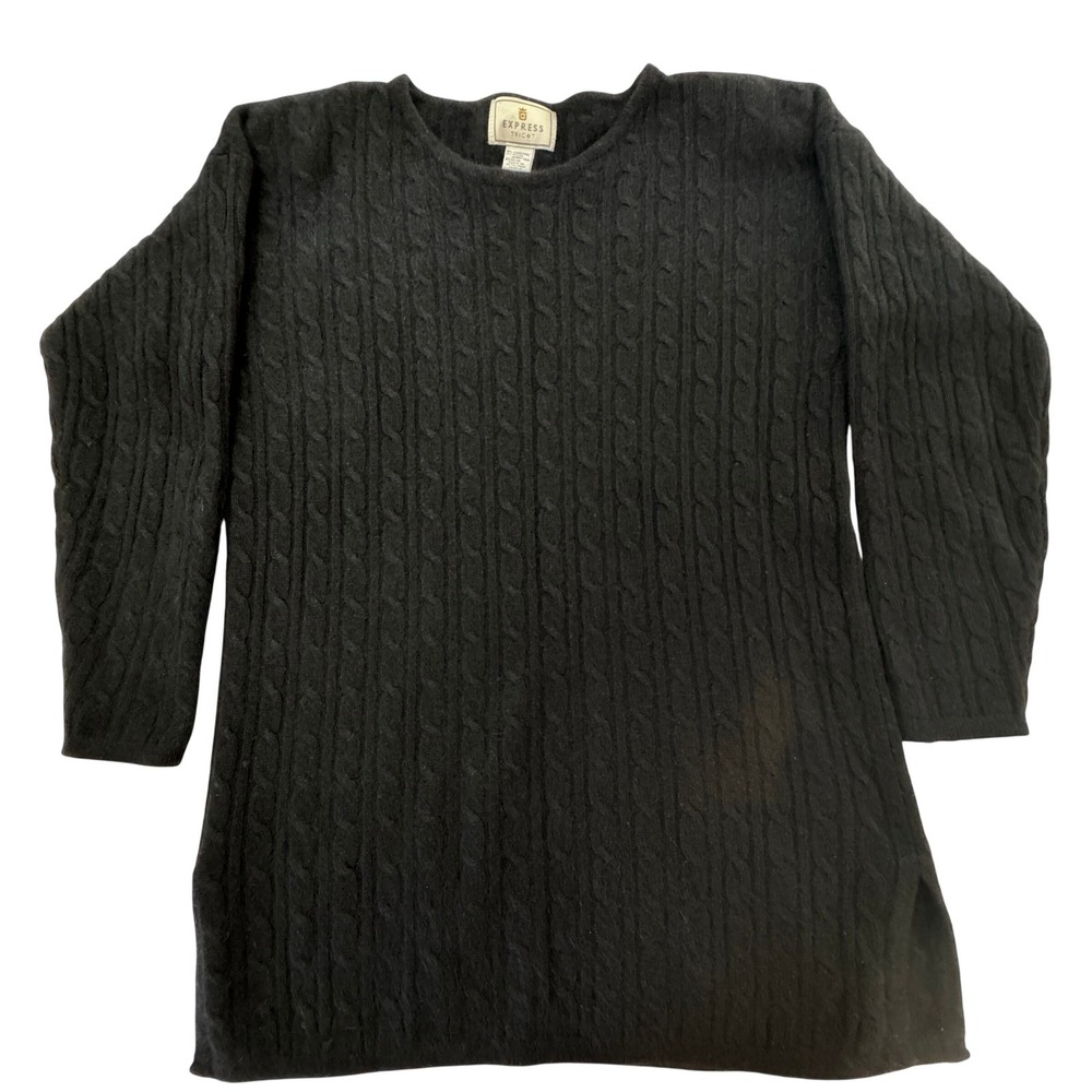 Vintage Lambswool Angora Sweater Womens Medium Black Cable Knit Tunic Soft Fuzzy